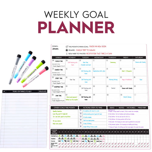 Law of Attraction Magnetic Dry Erase Calendar for Refrigerator. Two Magnetic Dry Erase Boards (17"x10.5" and 17"x7") with Tasks or Grocery List 8"x10" and 5 Markers