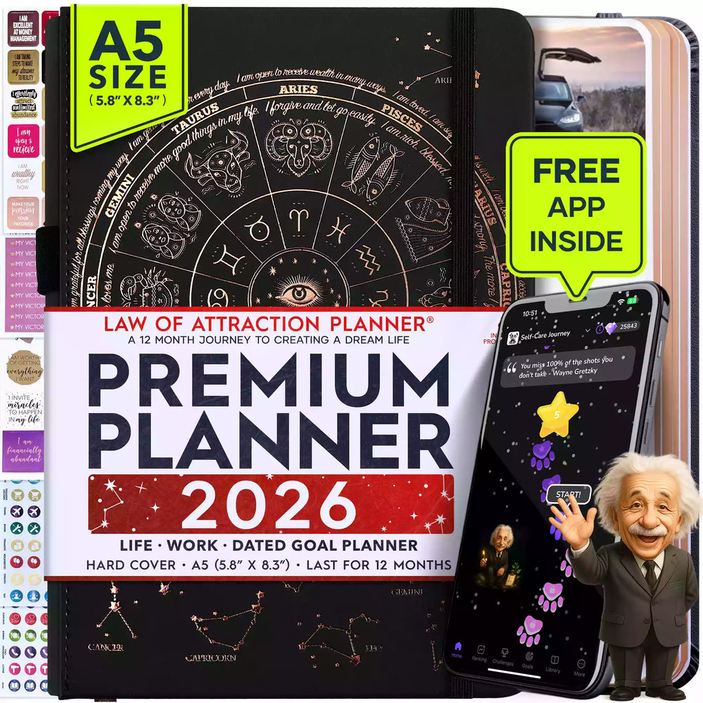 Jan - Dec 2026 Dated Monday Start Deluxe LOA 12 Month Planner (A5 Size: 6 x 8.5 inches) Black Astro