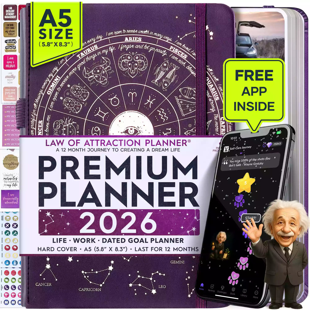 BOGO: Jan - Dec 2026 Dated Monday Start Deluxe LOA 12 Month Planner (A5 Size: 6 x 8.5 inches) Purple Astro
