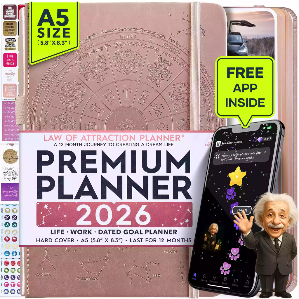 Jan - Dec 2026 Dated Monday Start Deluxe LOA 12 Month Planner (A5 Size: 6 x 8.5 inches) Rose Gold Astro