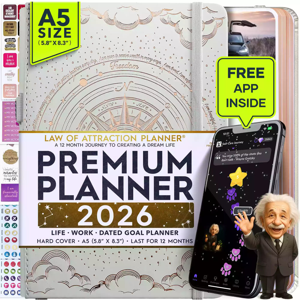 BOGO: Jan - Dec 2026 Dated Monday Start Deluxe LOA 12 Month Planner (A5 Size: 6 x 8.5 inches) White Sun Compass