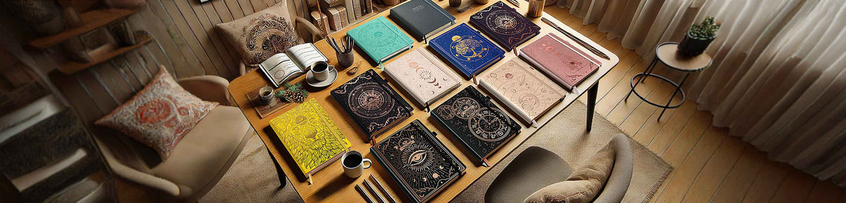 Freedom Mastery planners displayed on a wooden table in a cozy room